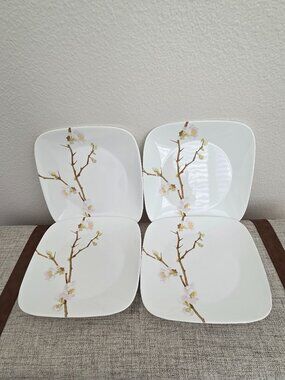 Corelle cherry blossom pattern dinner plates 10.5" set of 4 square rare